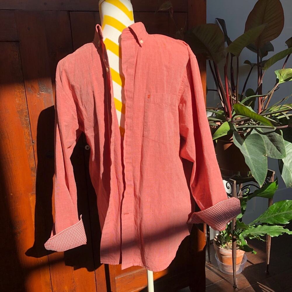 Izod Flip Cuff Button Down Shirt Men Medium Rust Red Checked Sleeves Casual - Picture 5 of 9